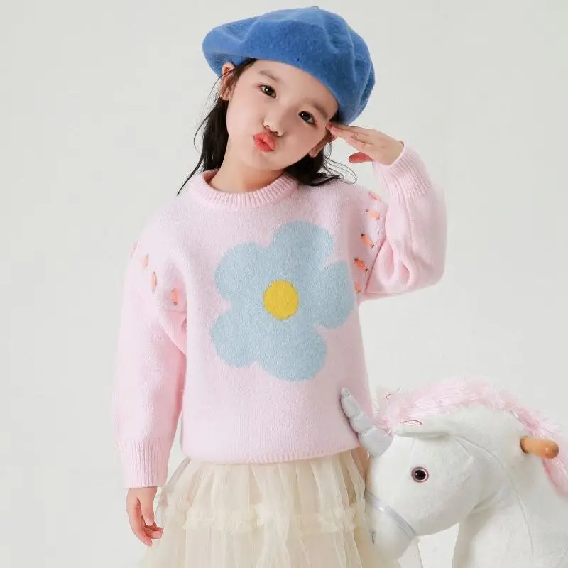 Есенен пуловер, за момичета, Нова вязаный сладък пуловер с дълги ръкави и принтом за момичета, Вязаный пуловер за деца от 3 до 12 години, детски дрехи Изображение 2