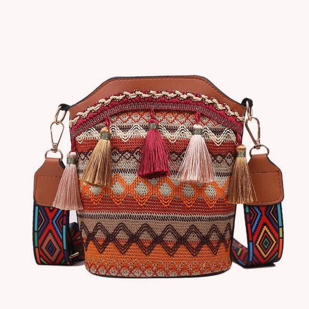 Етнически състав Женствена чанта през рамо с Ткаными Пискюли, Малки Чанти-Ведерки, Раницата Изображение 2