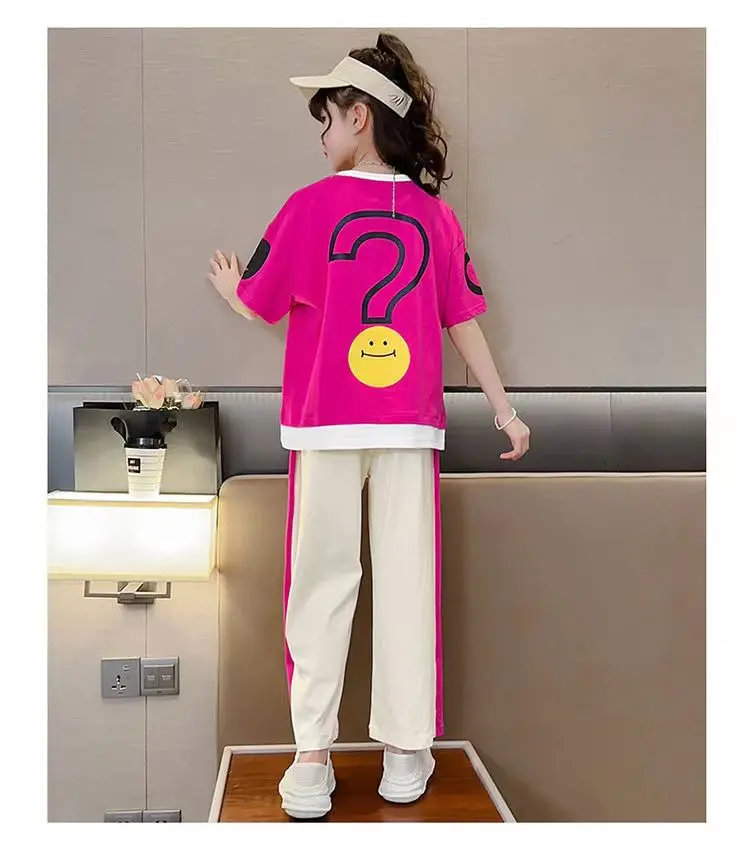 Комплект за момичета 2023, Лятна Детска тениска с къс ръкав + широки панталони, комплекти от 2 теми, Ежедневни облекла за момичета от 5 до 14 години Изображение 2
