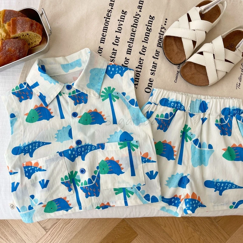 Комплект летни дрехи за най-малките момчета от 0 до 3 години, Детска топ без ръкави, с анимационни принтом, риза и къси панталони, комплект от 2 теми, Тениска с динозавром за малки момчета Изображение 2