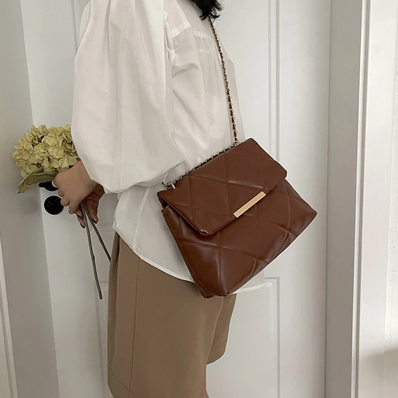 Луксозни чанти и портмонета, Однотонная чанта-месинджър от изкуствена кожа, Клетчатая дамски стеганая брандираната чанта през рамо Изображение 2