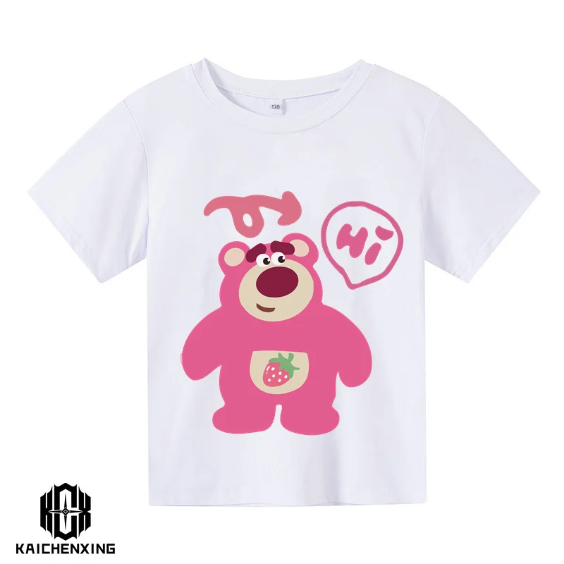 Лятна новост 2023 година, розово сладко детска памучен тениска с ягоди мече за момчета и момичета с къси ръкави Изображение 2