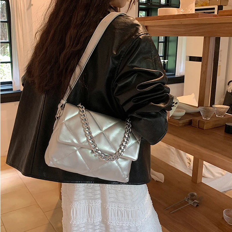 Модерен дамски чанта от изкуствена мека кожа, ежедневни дамски чанта през рамо сребрист цвят, чанта през рамо Изображение 2