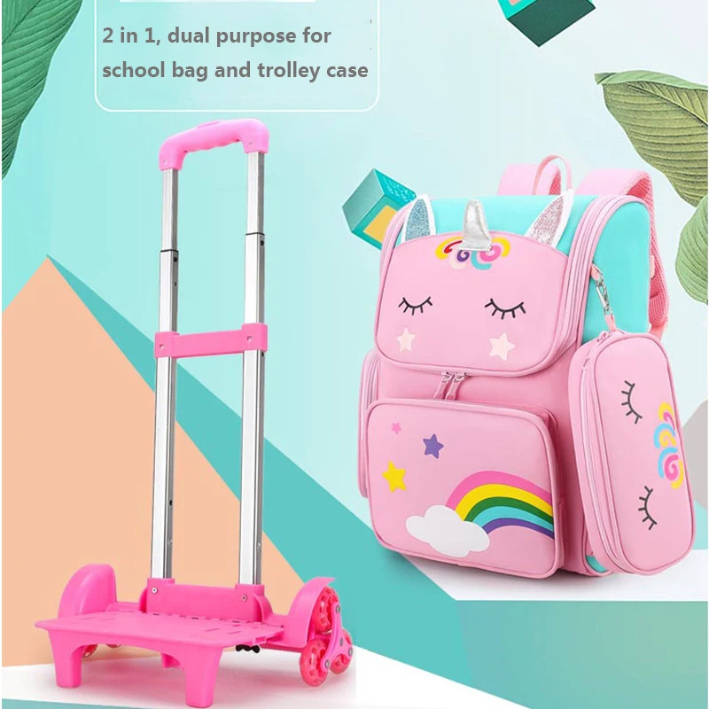 Ученически чанти с анимационни единорогом, раница на колела за момичета, чанта за количка на колела, студентски детска раница за количка, чанта за количка Изображение 2