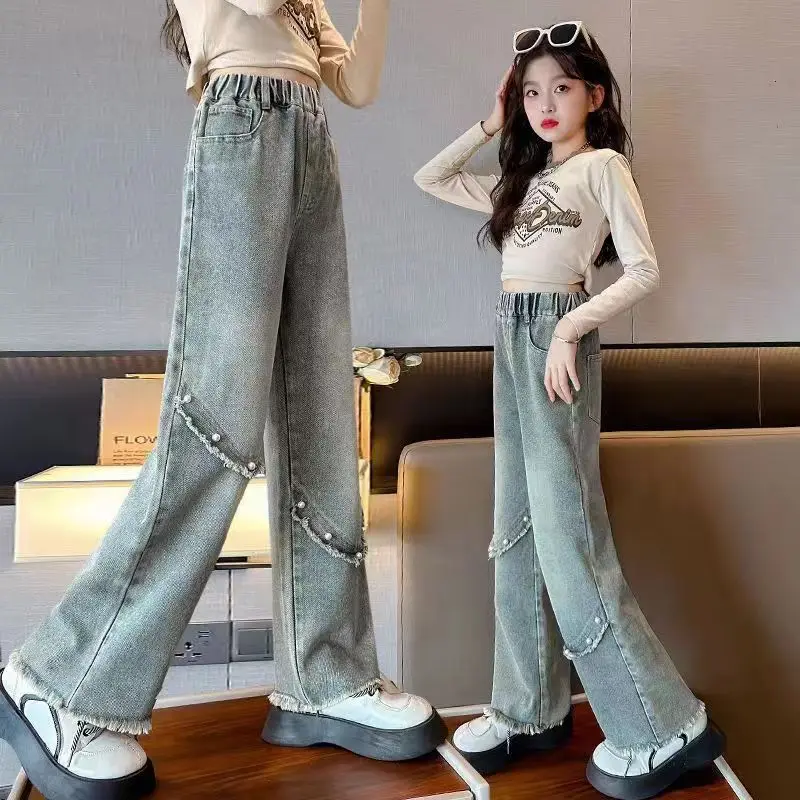 Училищни спортни панталони с перлата на модел за по-големи момичета, Ежедневни Свободни Новост 2023 г., Пролетни модни Дълги дънки, Детски панталони в корейски стил Изображение 2