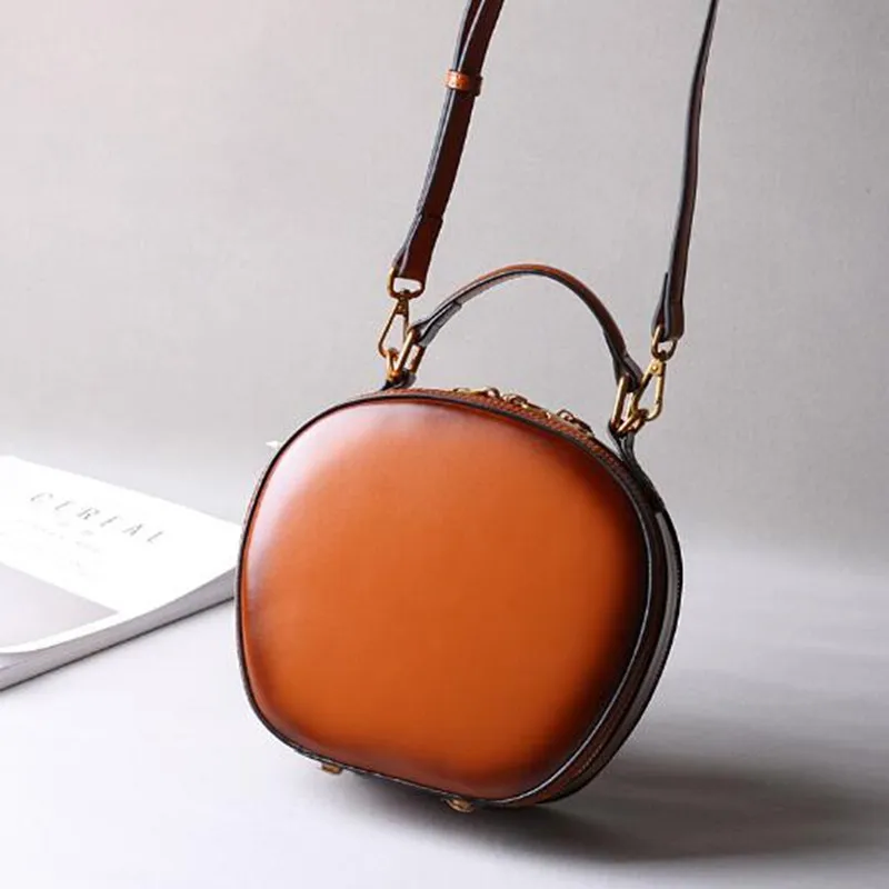 Чанта от телешка кожа 2023 нова кожена дамски ретро чанта Apple от едно рамо през рамо, преносими модни малки кръгли чанти Изображение 2