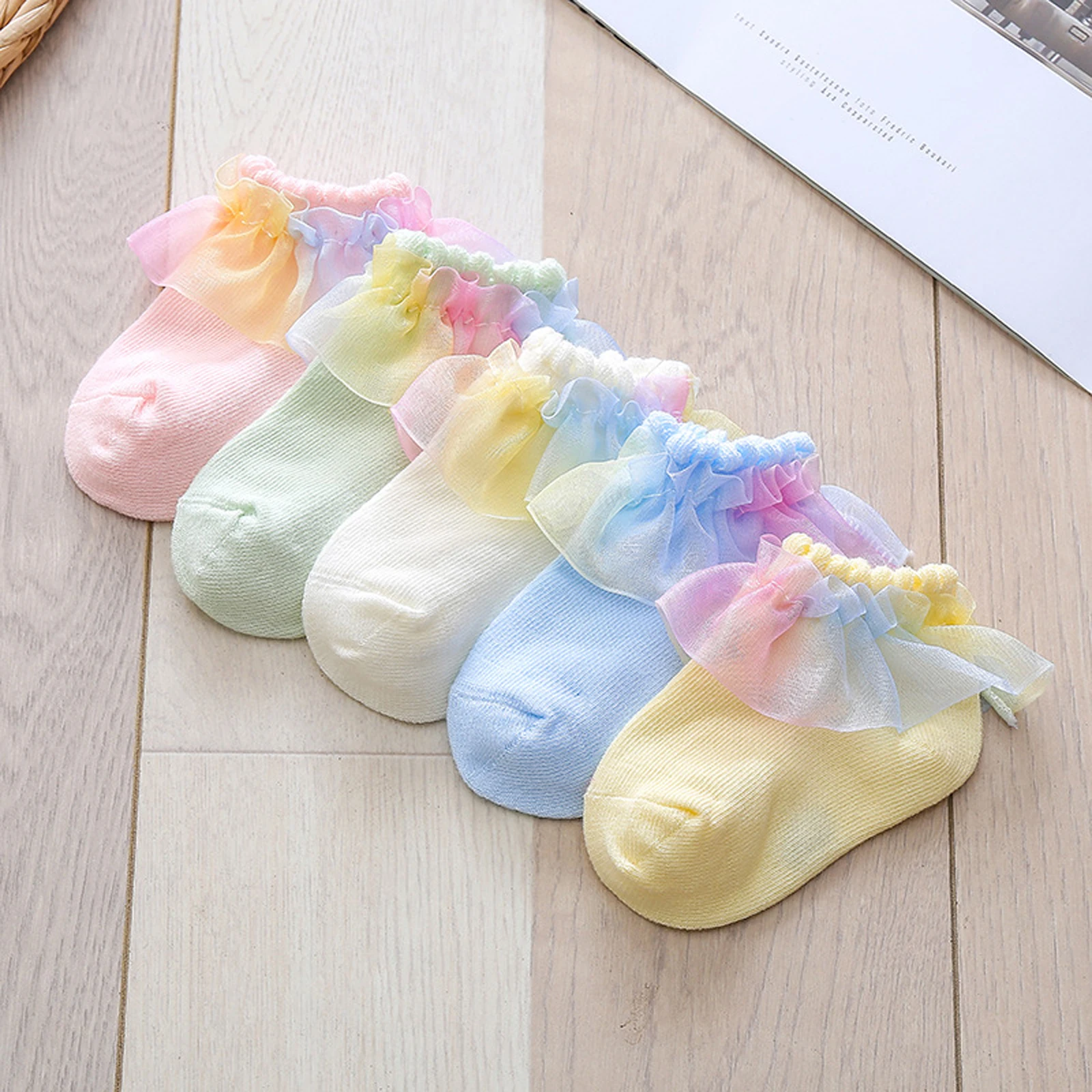Чорапи С волани за малки момичета, Сладък меки памучни чорапи с рюшами, летни, есенни и пролетни Чорапи на пода, за бебета Изображение 2