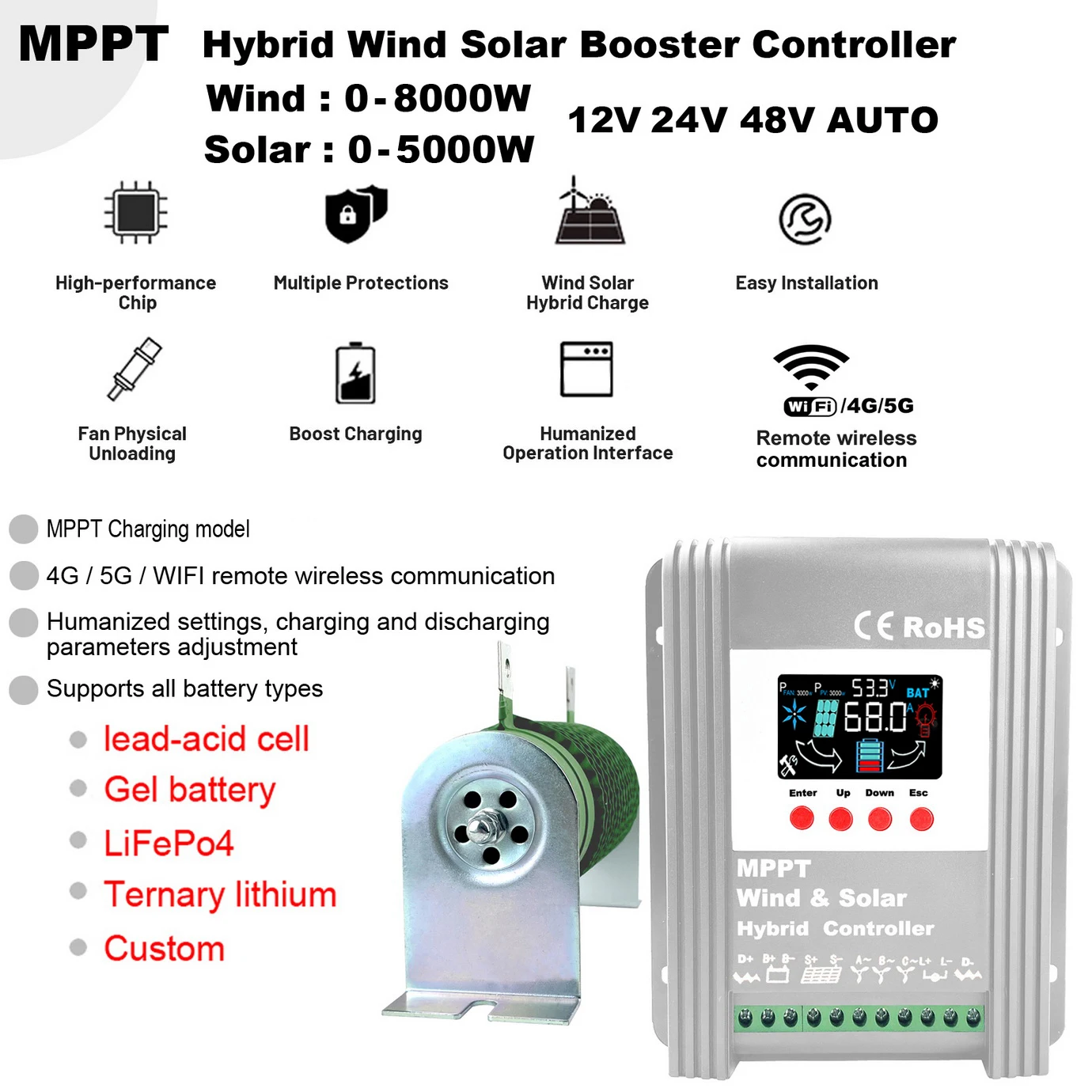 12 В 24 В 48 3000 W 8 кВт Хибриден Вятърна Слънчев Контролер на Заряд на MPPT вятърен генератор Слънчева Система За Lifepo4 Литиева Оловно-кисели Батерии Изображение 3