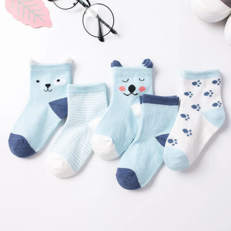 5 чифта детски чорапи За момчета и момичета, Синьо, розово-сиви чорапи, меки Памучни чорапи за новородено, Детски училищни спортни дрехи, Аксесоари Изображение 3