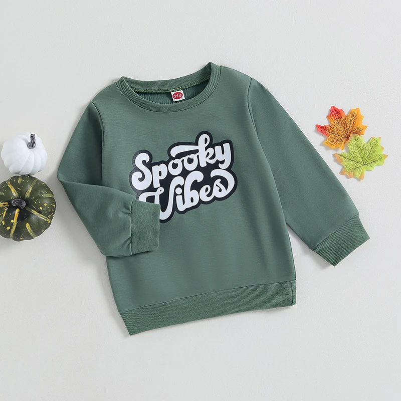 Citgeett, Есенни блузи за малко момче на Хелоуин, Пуловер с дълги ръкави и писмото принтом, върхове с кръгло деколте, Зелени есенни ризи Изображение 3