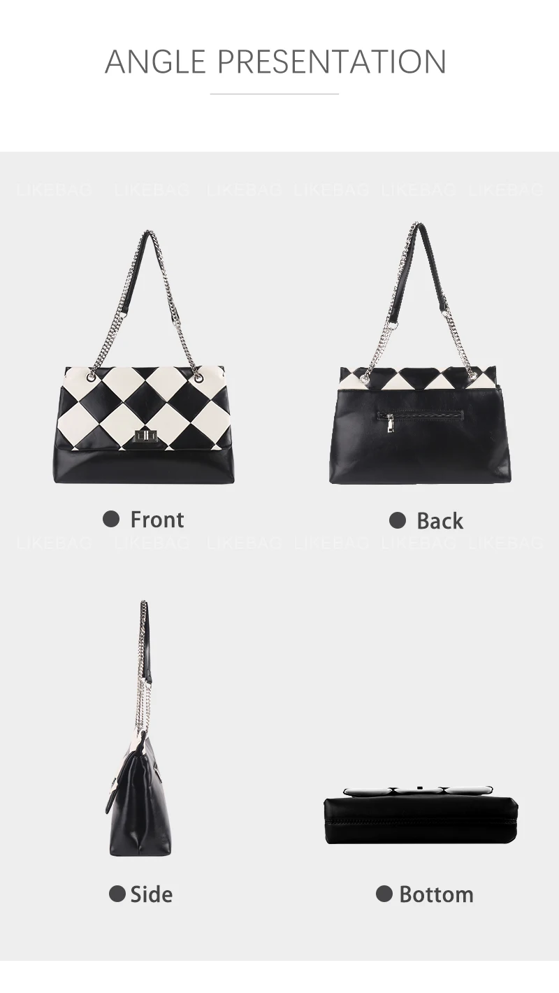 LIKEBAG модерна дамска чанта в шахматна дъска модел, флип-надолу чанта, голяма чанта голям веригата под мишниците, изкуствена кожа, голяма чанта през рамо Изображение 3