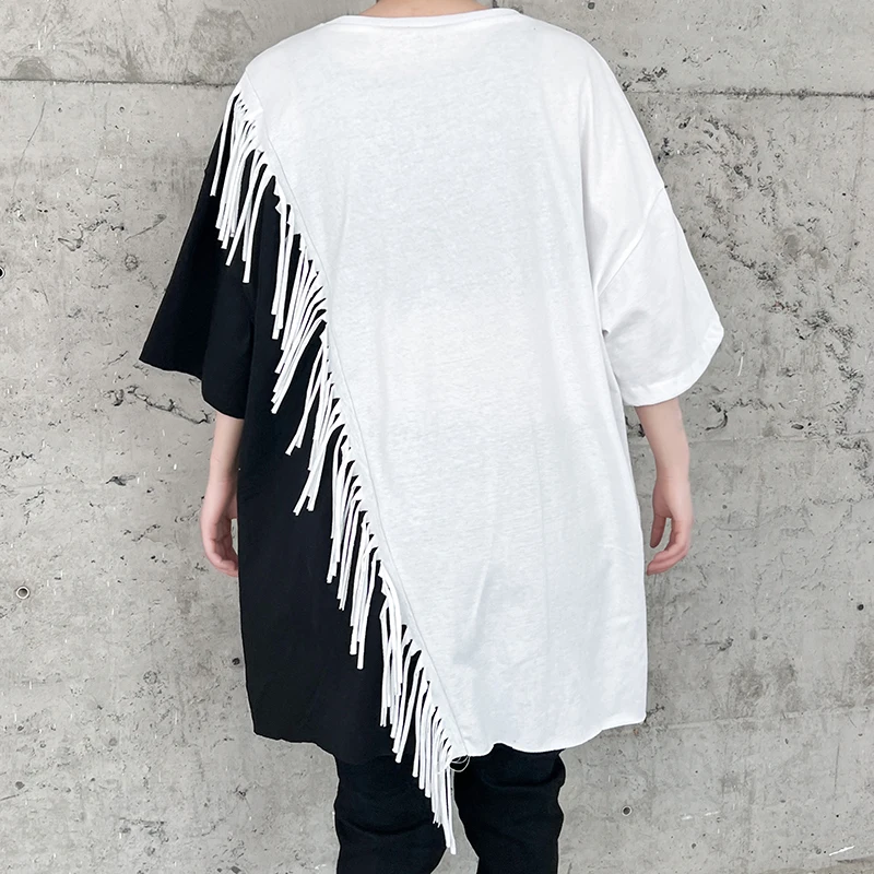 SuperAen/ Лятна черно-бяла тениска с контрастиращи вложки с къси ръкави и пискюли, тениска оверсайз за жени Изображение 3
