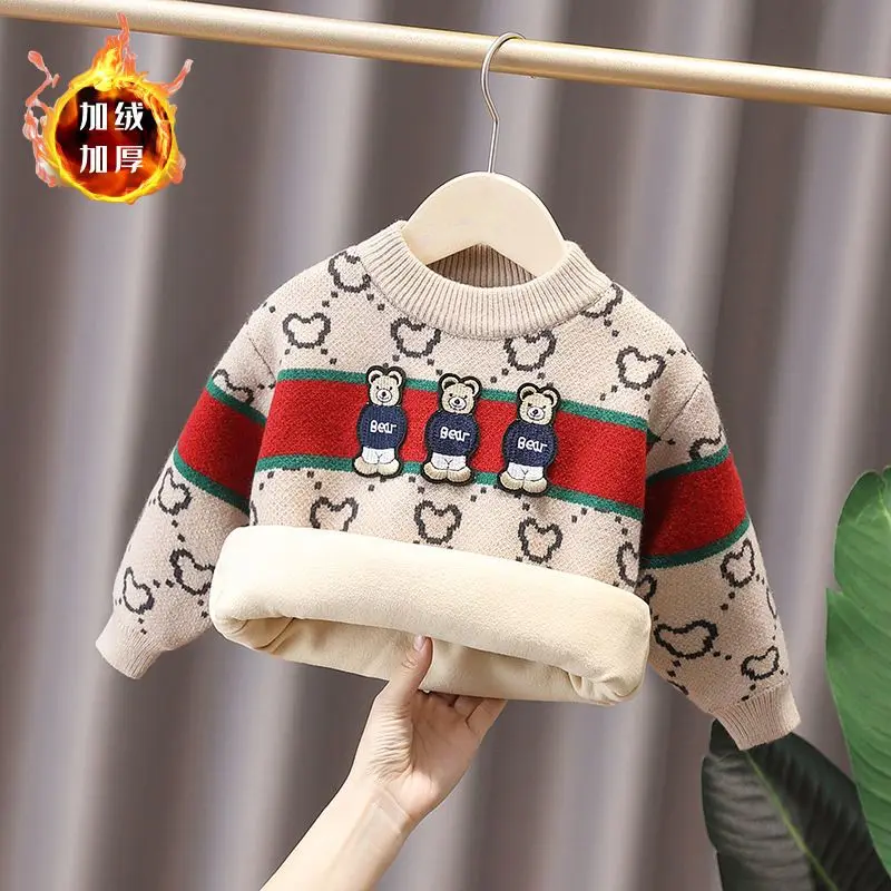 Вязаная дрехи За малките Момчета, Детски Пролетно-Есенен пуловер памук райе, Детски Пуловер с бродерия на Мече, Трикотаж с кръгло деколте Изображение 3