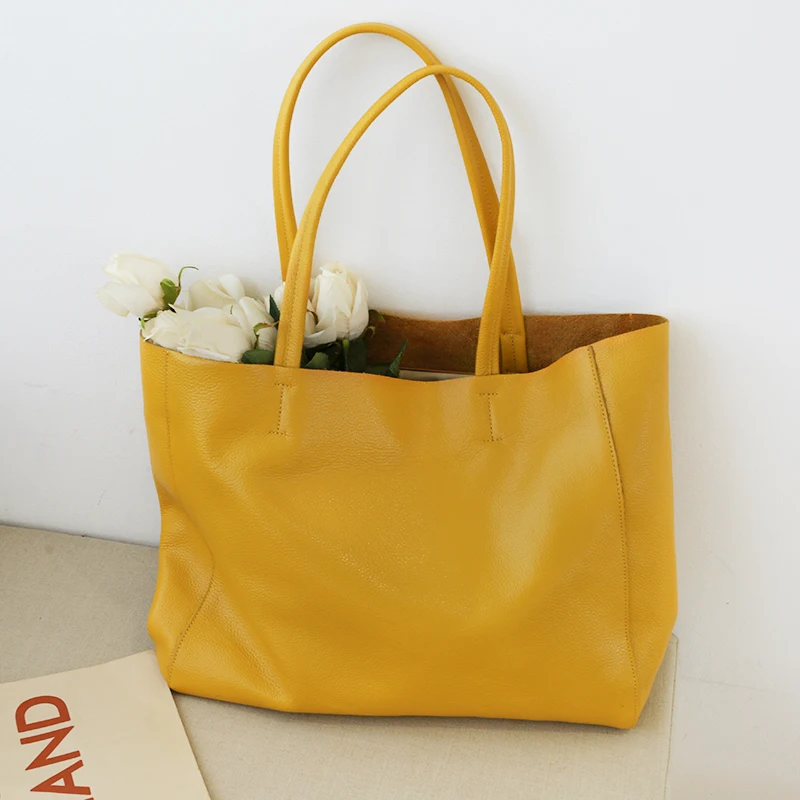 Дамски луксозна чанта, ежедневни чанти-тоут, дамски лимон жълта модерна чанта на рамото, жените пазарска чанта от естествена телешка кожа Изображение 3