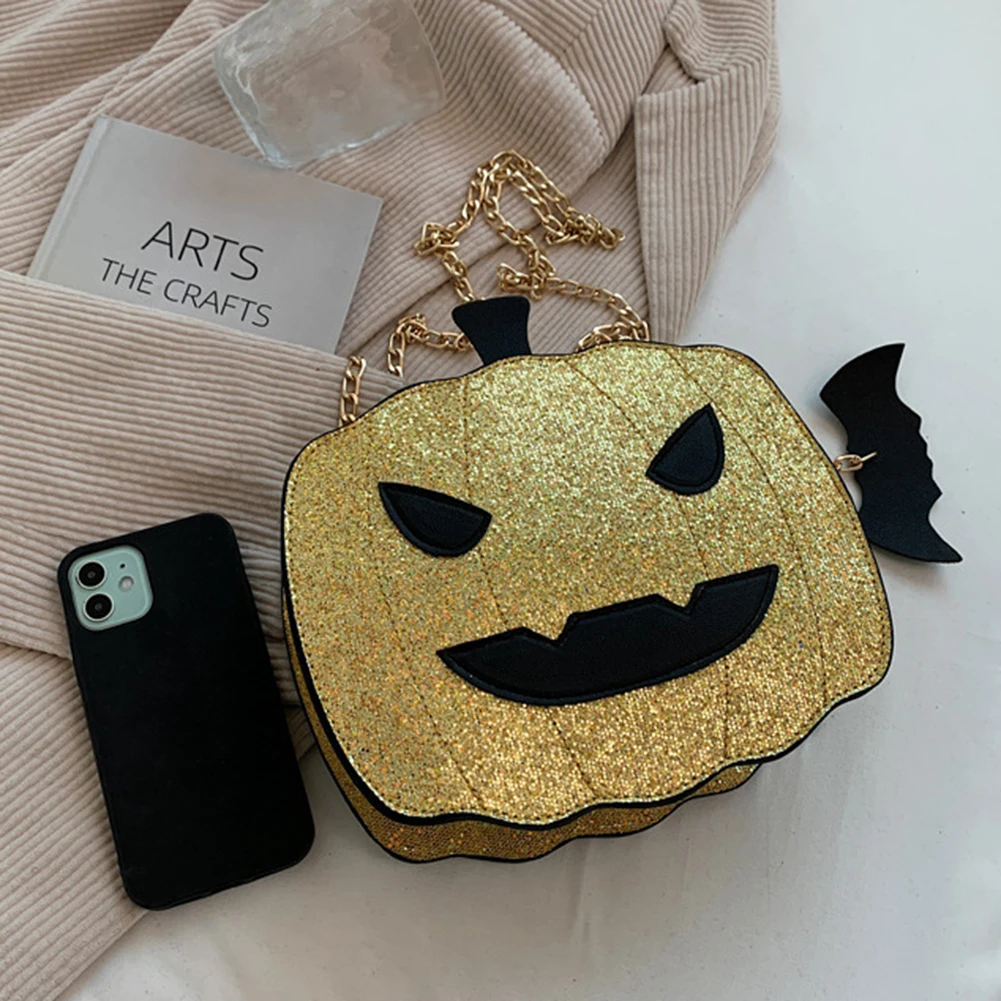 Дамски чанти през рамо, Ежедневна чанта с тиква за Хелоуин, верига с пайети, Забавната мода от изкуствена кожа за уикенда Изображение 3