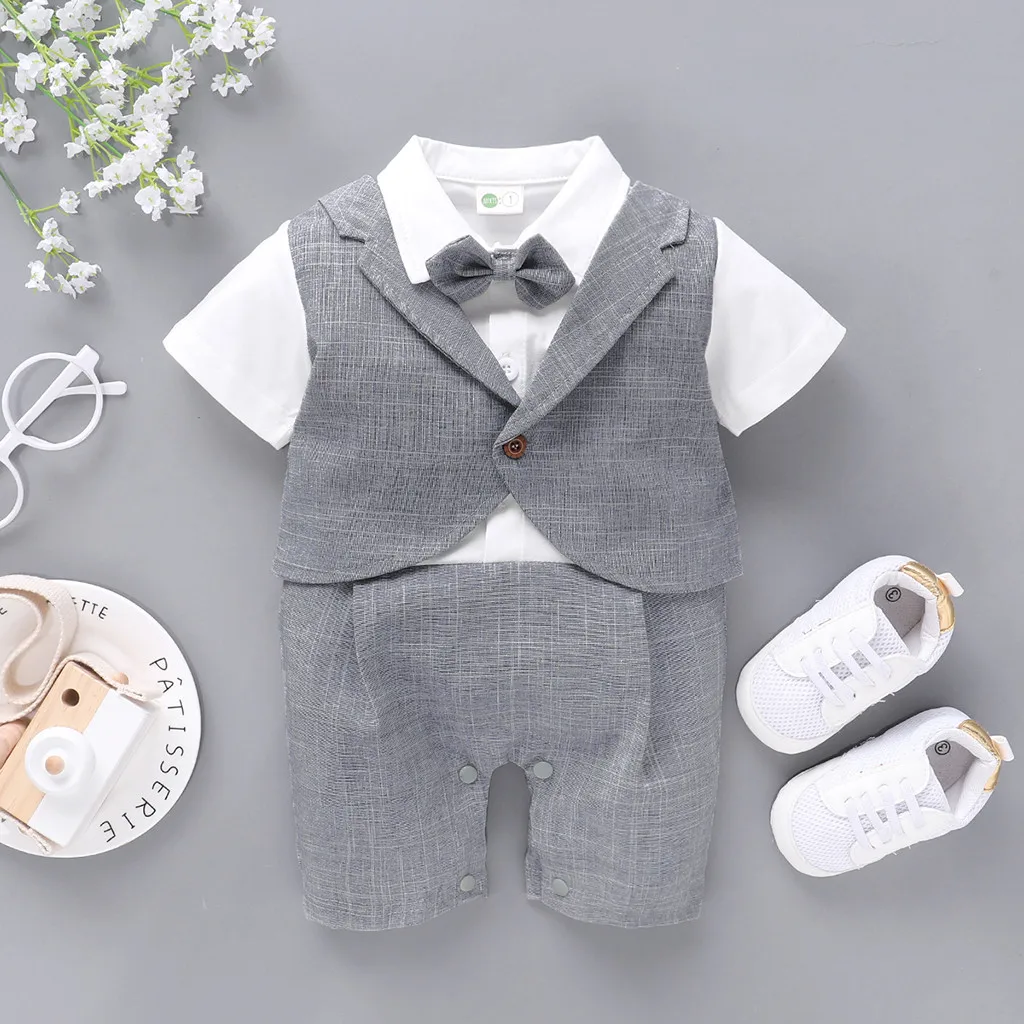 За новородени момчета, Джентълменско вратовръзка-пеперуда с къс ръкав, Монофонични Гащеризони, Комплекти, бебешки дрехи за деца, Детска есен облекло 2023 Изображение 3