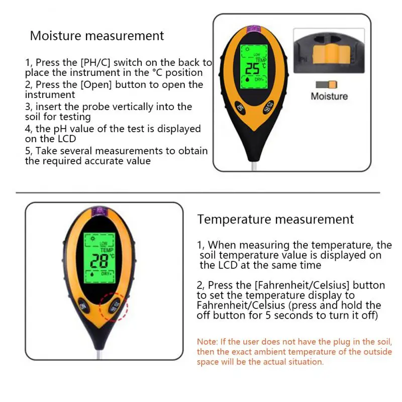 Измерване на рН на почвата 1-5 бр. В 1 С подсветка, дигитален дисплей, монитор влажност, температура за градинарски растения, почвата за селскостопански растения Изображение 3