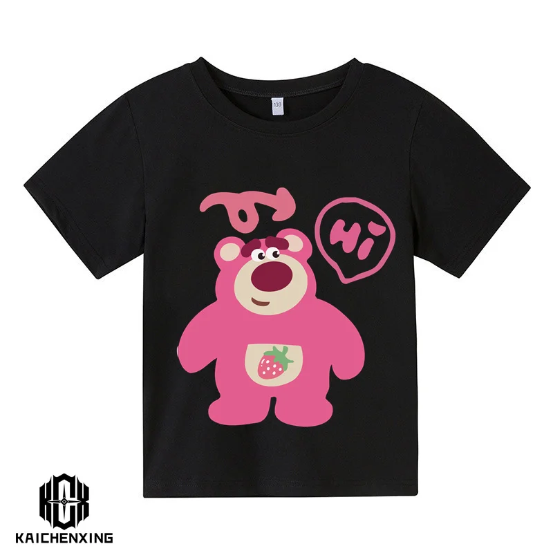 Лятна новост 2023 година, розово сладко детска памучен тениска с ягоди мече за момчета и момичета с къси ръкави Изображение 3