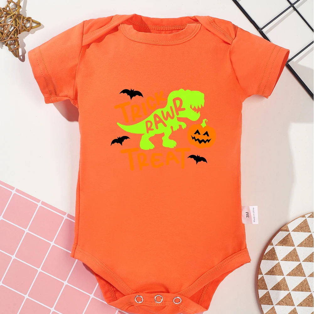 Облекло за новородени момичета за Хелоуин, Деня На тиквата, Къс ръкав, забавен детски гащеризон с анимационни принтом, просто оранжевото детско боди Изображение 3
