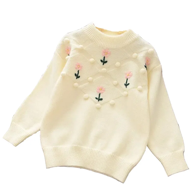 пуловер с цветна бродерия за момичета, който може да се носи отвън на вътре, поставете момиче в пуловер с кръгло деколте, връхни дрехи, без подплата Изображение 3