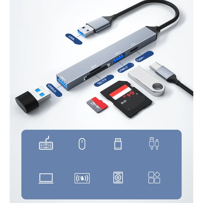 Универсален USB hub OFBK с поддръжка на пренос на данни Type C, USB 2.0 и четец на media reader Е идеален за работа, обучение и отдих Изображение 3