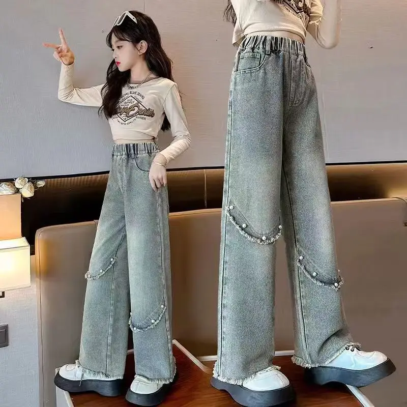 Училищни спортни панталони с перлата на модел за по-големи момичета, Ежедневни Свободни Новост 2023 г., Пролетни модни Дълги дънки, Детски панталони в корейски стил Изображение 3