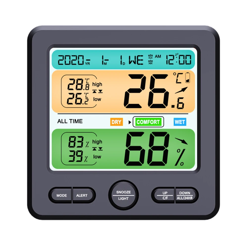 Цифров термометър-влагомер, стаен термометър с цветен оповещением, метеорологичната станция с голям екран за дома/детска стая/оранжерии Изображение 3