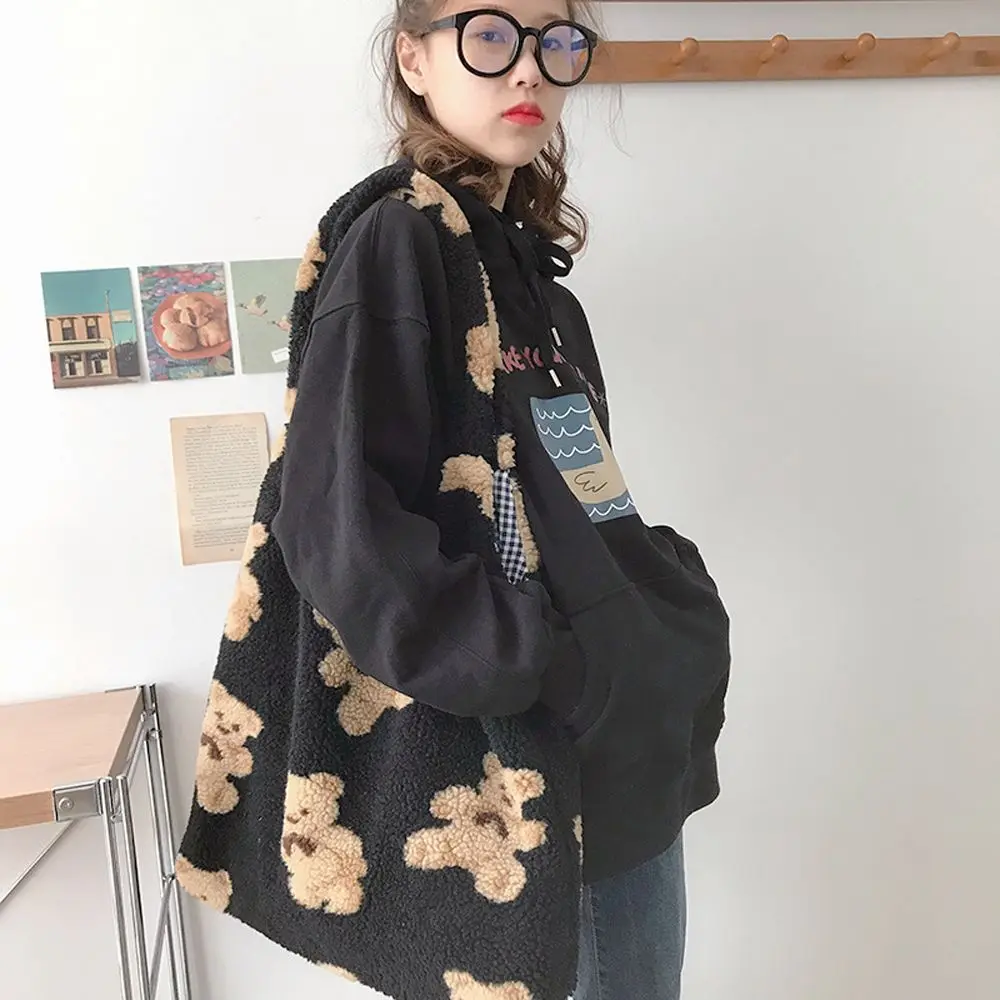 Cartoony сладък Мечка, плат в стил Ins, плюшен чанта за пазаруване, чанта за книги, женствена чанта през рамо, чантата е в корейски стил Изображение 4
