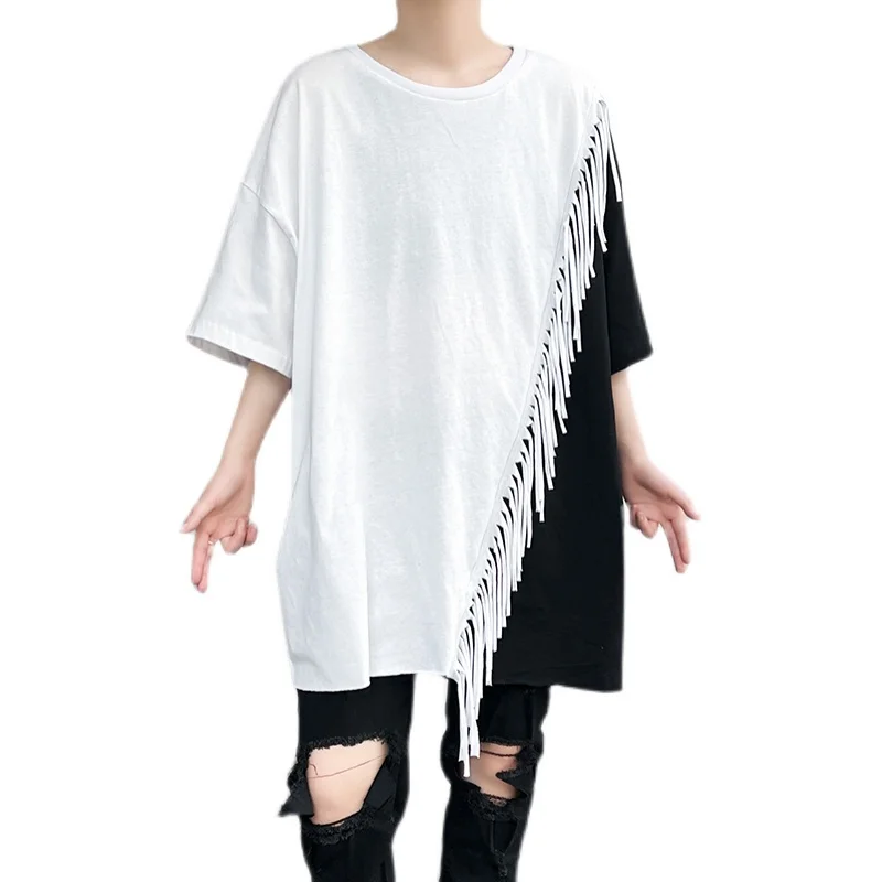 SuperAen/ Лятна черно-бяла тениска с контрастиращи вложки с къси ръкави и пискюли, тениска оверсайз за жени Изображение 4