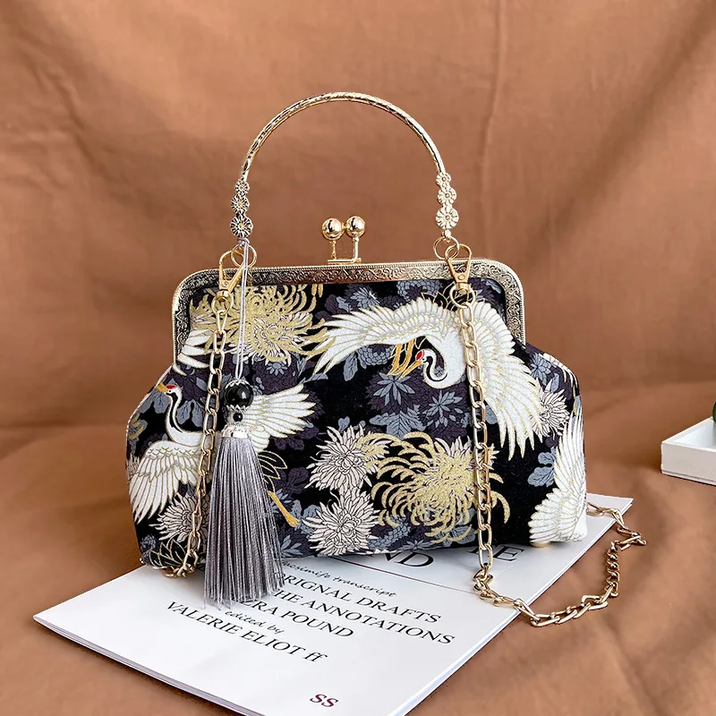 XZAN Модни Реколта чанта с ресни, Малки чанти-миди, Женствена чанта през рамо с веригата, Летящ кран, Дамски чанти, Портмонета Изображение 4