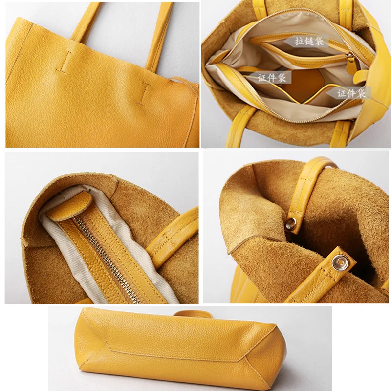 Дамски луксозна чанта, ежедневни чанти-тоут, дамски лимон жълта модерна чанта на рамото, жените пазарска чанта от естествена телешка кожа Изображение 4