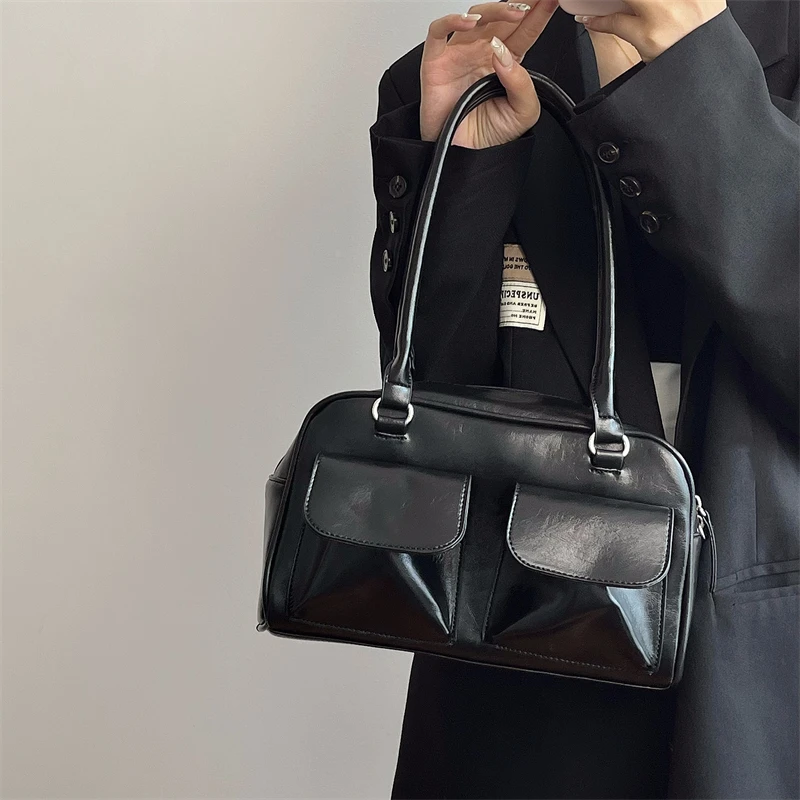 Дамски чанти през рамо в ретро стил с голям капацитет, прост дизайн, Женствена чанта за пътуване до работа, Модерни, универсални пътни чанти от изкуствена кожа с цип Изображение 4