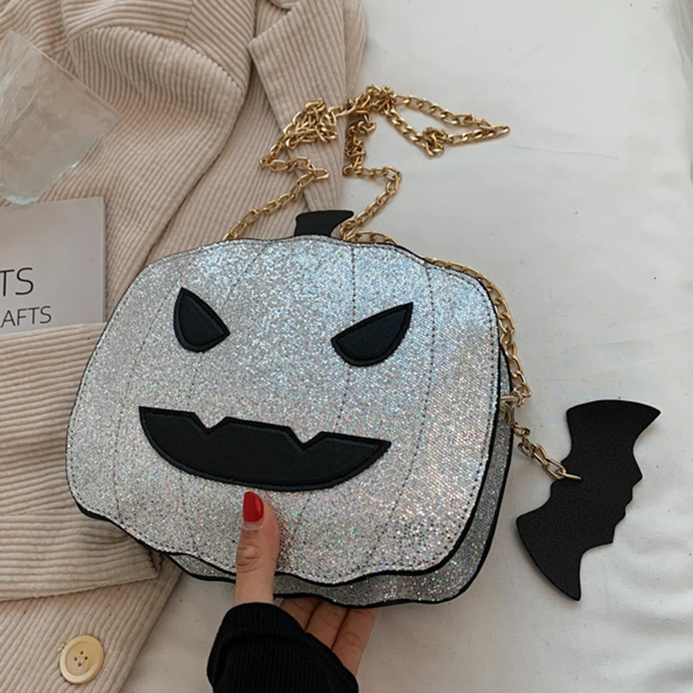 Дамски чанти през рамо, Ежедневна чанта с тиква за Хелоуин, верига с пайети, Забавната мода от изкуствена кожа за уикенда Изображение 4
