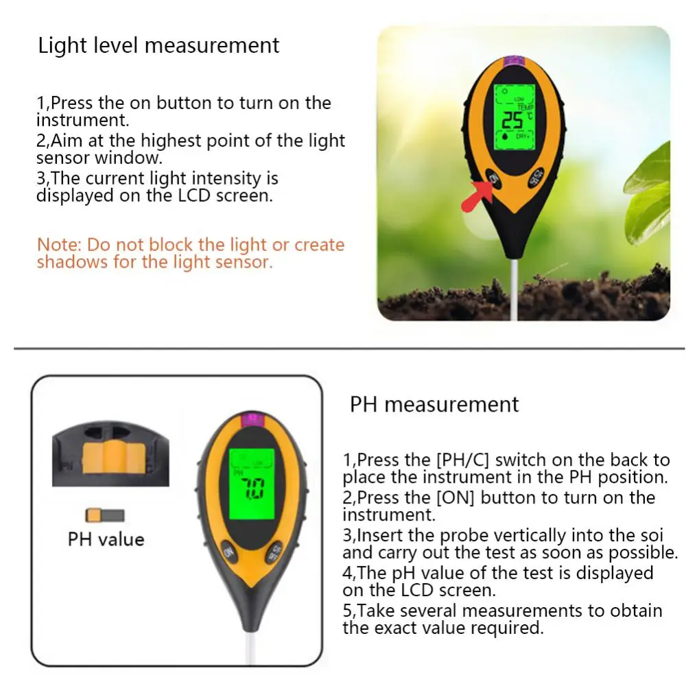 Измерване на рН на почвата 1-5 бр. В 1 С подсветка, дигитален дисплей, монитор влажност, температура за градинарски растения, почвата за селскостопански растения Изображение 4