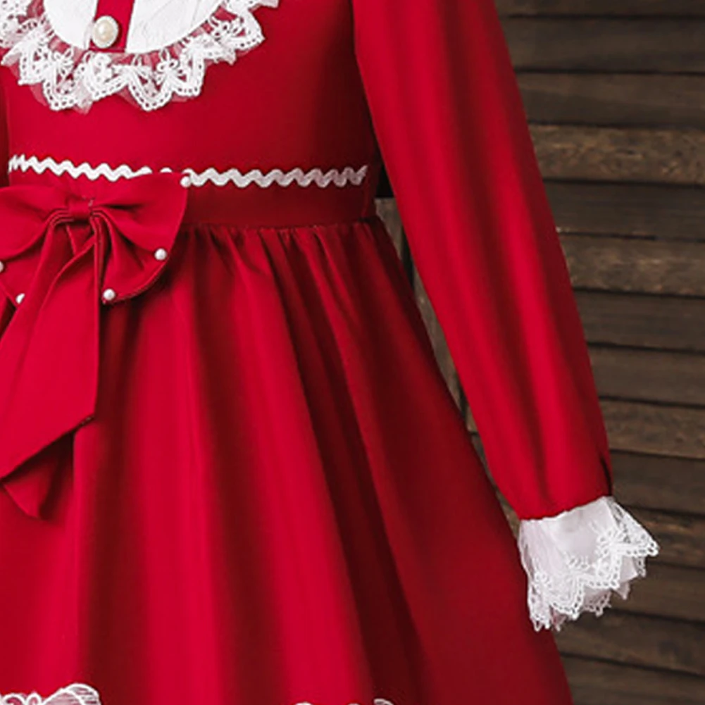 Коледна рокля за момичета в стил Лолита, Есенно-Пролетно Парти за момичета, Кръщене, Детско Червена Рокля на Принцеса с Дълги ръкави за тийнейджъри, Бална Рокля Изображение 4