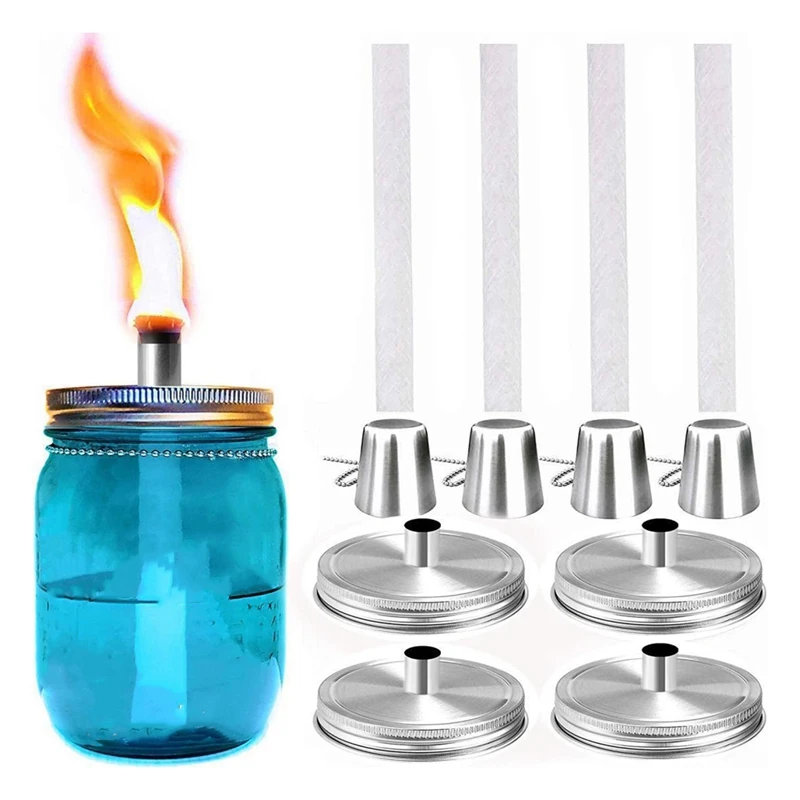 Комплекти за настолни горелки Mason Jar, 4 опаковки обикновени капаци за инкрустация с защитна тръба, трайни фитили и капачки от стъклени влакна Изображение 4