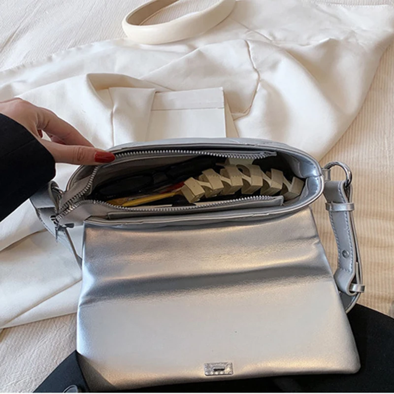 Модерен дамски чанта от изкуствена мека кожа, ежедневни дамски чанта през рамо сребрист цвят, чанта през рамо Изображение 4