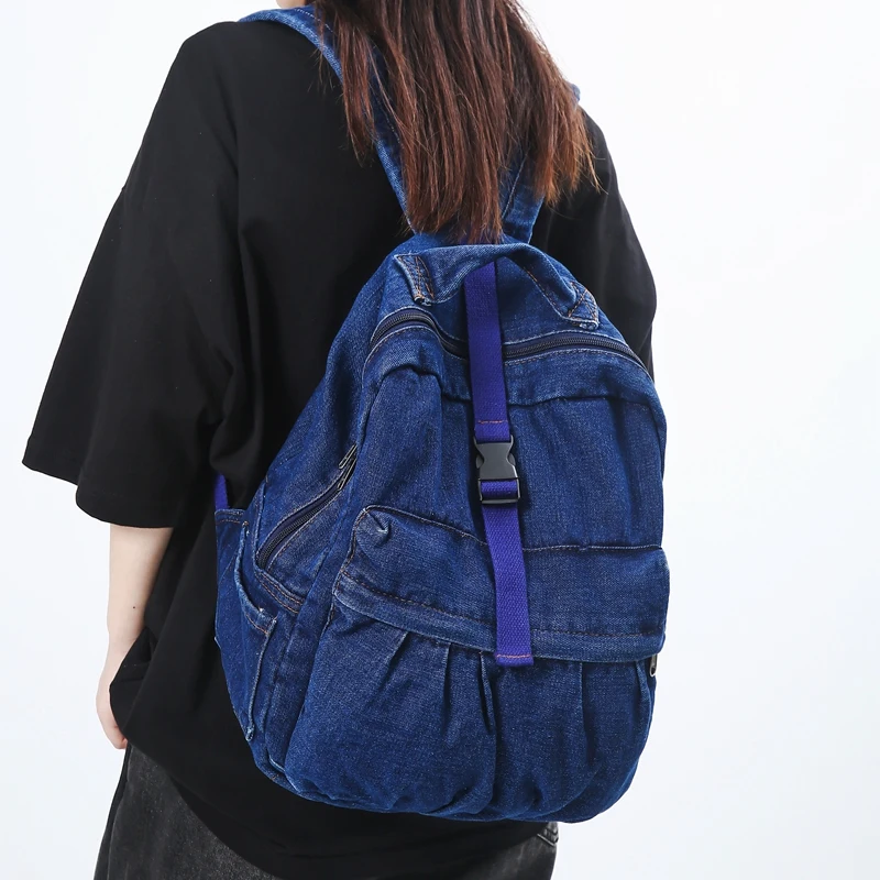 Нов случайни Деним синьо женски раница, Ретро ученическа раница с Голям капацитет, женски училищни чанти за колеж, чанта за книги за момчета и момичета Изображение 4