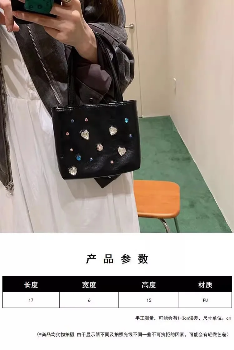 Сребристо-черна Дамска чанта-тоут 2023 Y2K Cool Girl, Нова модерна чанта от изкуствена кожа с диаманти, чанта през рамо с една каишка, чанта през рамо Изображение 4