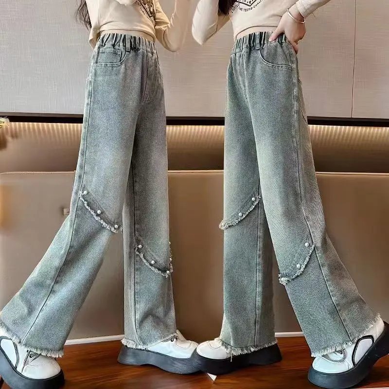 Училищни спортни панталони с перлата на модел за по-големи момичета, Ежедневни Свободни Новост 2023 г., Пролетни модни Дълги дънки, Детски панталони в корейски стил Изображение 4