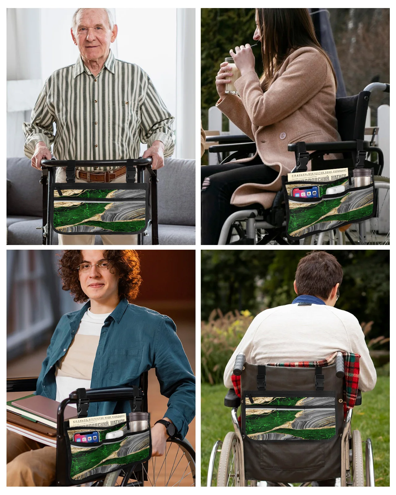 Чанта за инвалидна количка със зелена мраморна текстура, джобове, Подлакътници, Странични чанти, Пешеходната рамка за Електрически скутер, чанта за съхранение Изображение 4