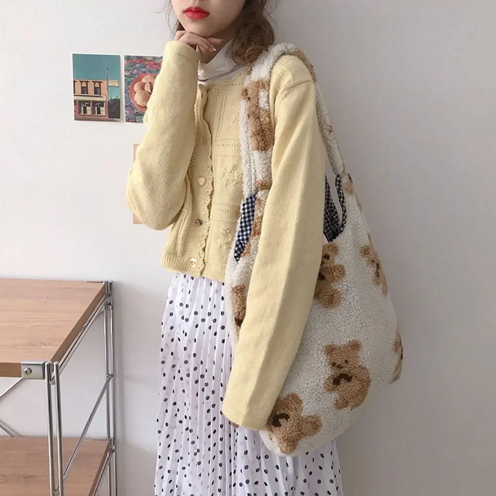 Cartoony сладък Мечка, плат в стил Ins, плюшен чанта за пазаруване, чанта за книги, женствена чанта през рамо, чантата е в корейски стил Изображение 5