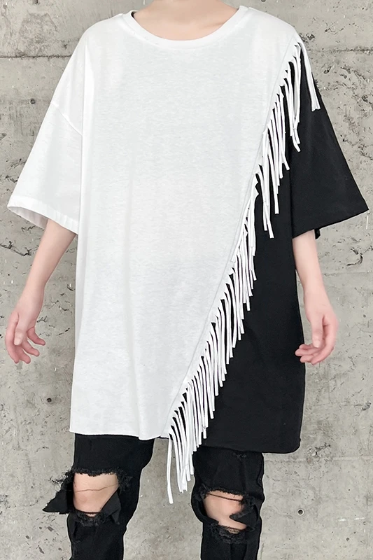 SuperAen/ Лятна черно-бяла тениска с контрастиращи вложки с къси ръкави и пискюли, тениска оверсайз за жени Изображение 5