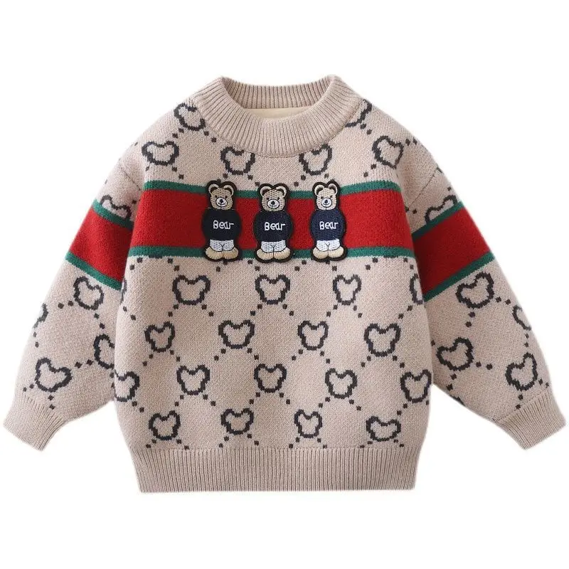 Вязаная дрехи За малките Момчета, Детски Пролетно-Есенен пуловер памук райе, Детски Пуловер с бродерия на Мече, Трикотаж с кръгло деколте Изображение 5
