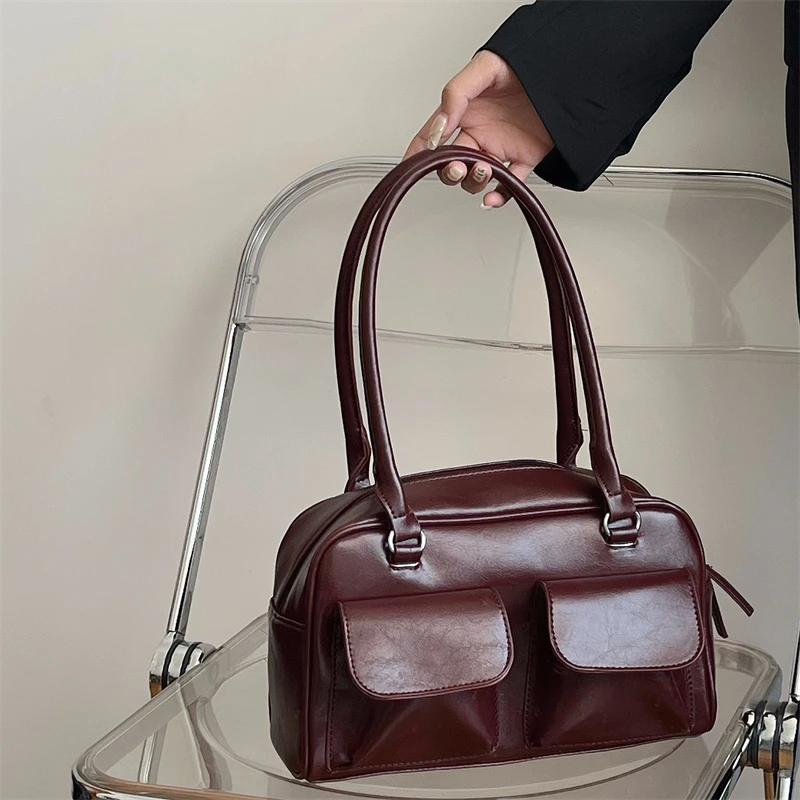 Дамски чанти през рамо в ретро стил с голям капацитет, прост дизайн, Женствена чанта за пътуване до работа, Модерни, универсални пътни чанти от изкуствена кожа с цип Изображение 5