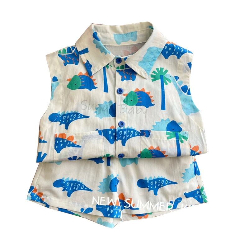 Комплект летни дрехи за най-малките момчета от 0 до 3 години, Детска топ без ръкави, с анимационни принтом, риза и къси панталони, комплект от 2 теми, Тениска с динозавром за малки момчета Изображение 5