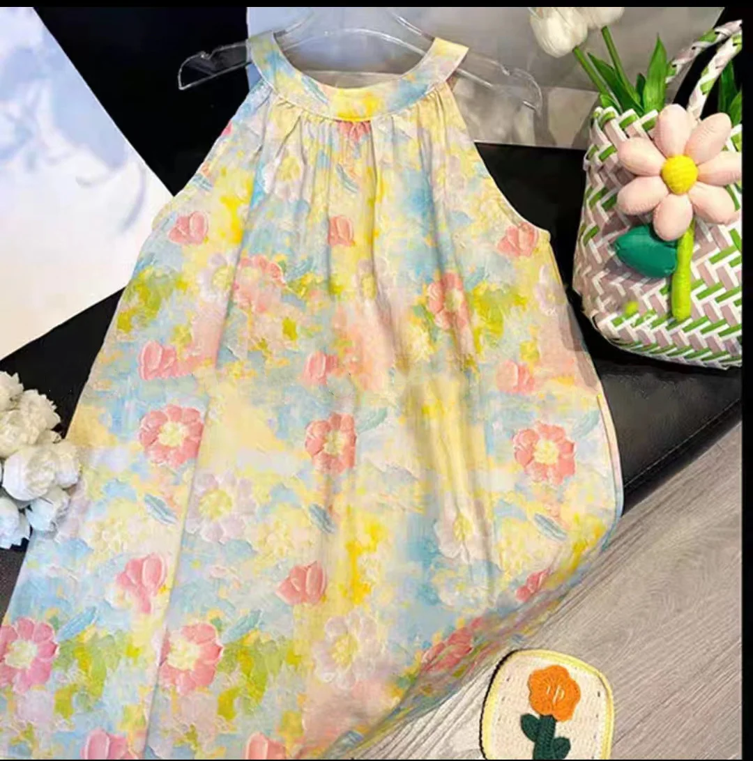 Празнична рокля без ръкави за момичета, Лятна новост 2023, Красива пола на майк с цветен модел, написана масло за малки момичета Изображение 5