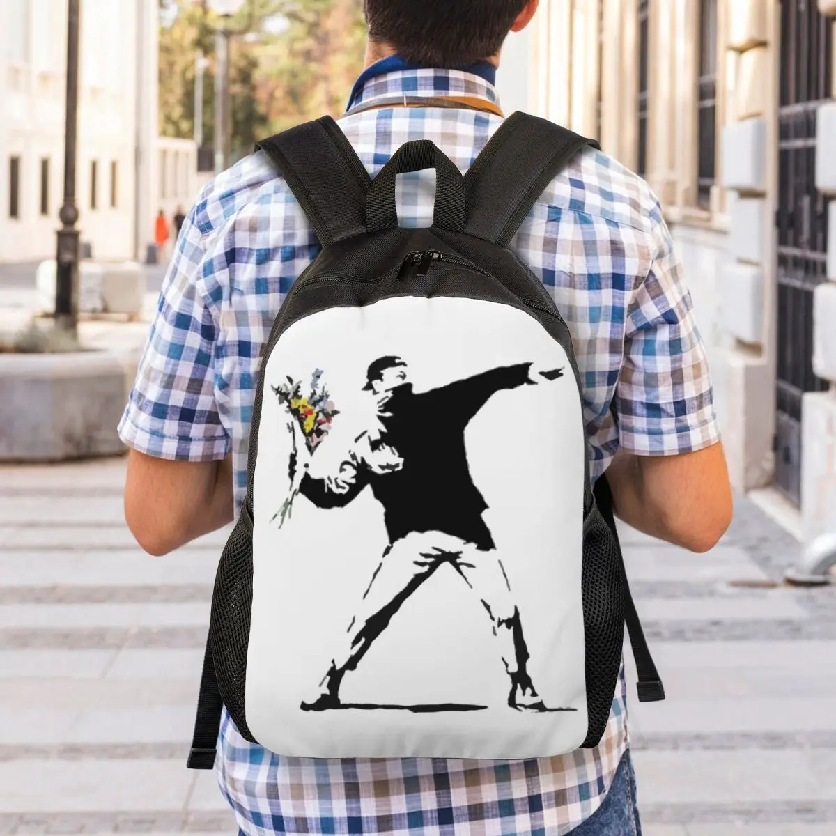 Раници с трафаретом Rage Flower Бомбардировач, училищна чанта за студенти, подходящи за 15-инчов лаптоп, чанти за творчеството на Banksy Street Grafitti Изображение 5