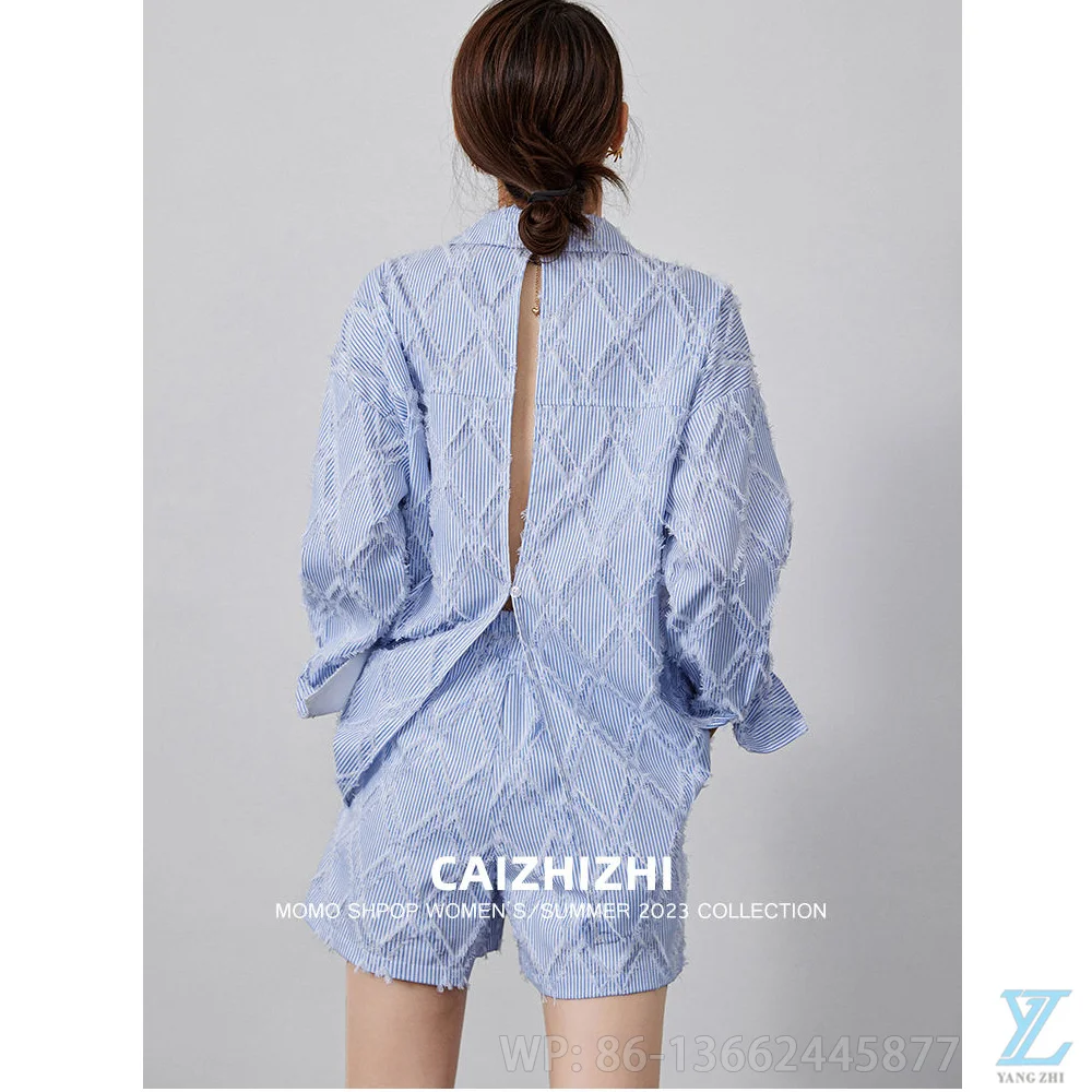Синя риза райе с пискюли, сако, дамски къси панталони с висока талия, Комплект от две части Изображение 5