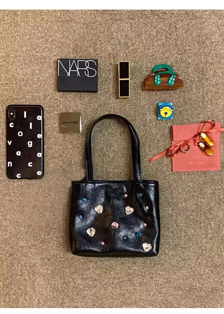 Сребристо-черна Дамска чанта-тоут 2023 Y2K Cool Girl, Нова модерна чанта от изкуствена кожа с диаманти, чанта през рамо с една каишка, чанта през рамо Изображение 5